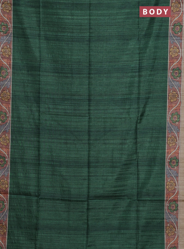 Semi tussar saree green and sandal with plain body and kalamkari printed pallu