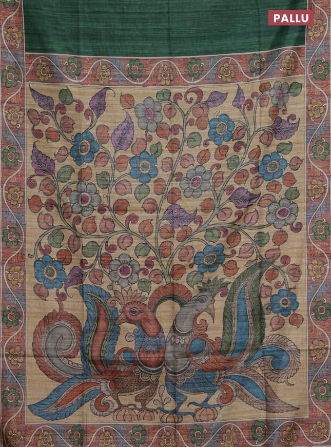 Semi tussar saree green and sandal with plain body and kalamkari printed pallu