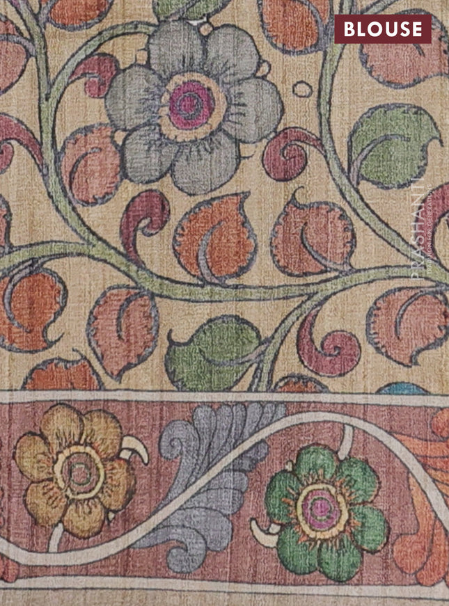 Semi tussar saree green and sandal with plain body and kalamkari printed pallu