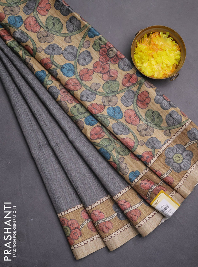 Semi tussar saree grey and beige with plain body and kalamkari printed pallu