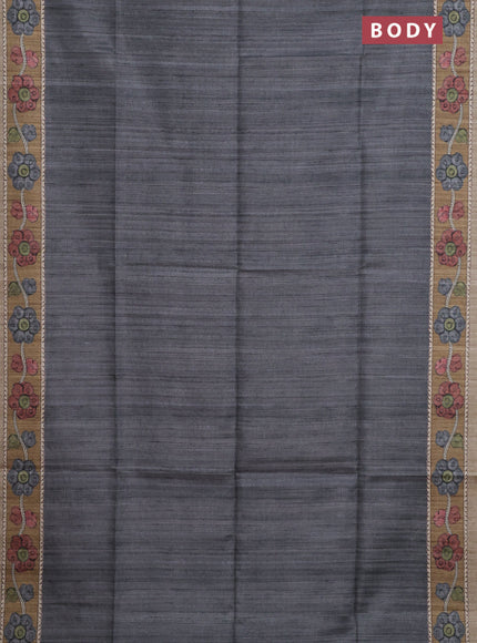 Semi tussar saree grey and beige with plain body and kalamkari printed pallu