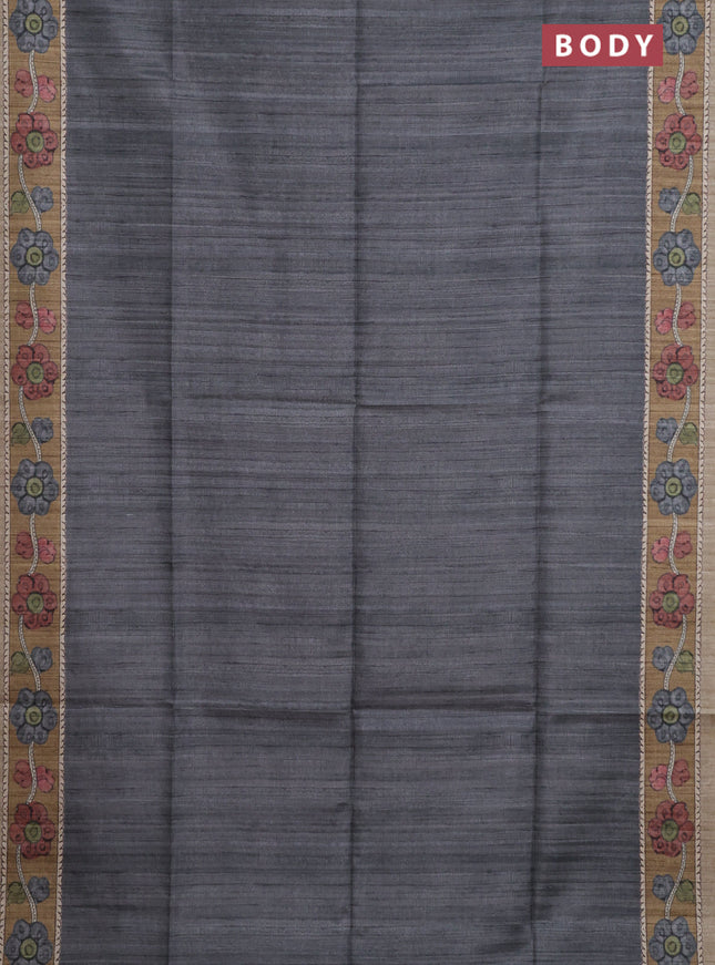 Semi tussar saree grey and beige with plain body and kalamkari printed pallu