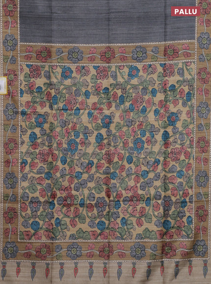 Semi tussar saree grey and beige with plain body and kalamkari printed pallu