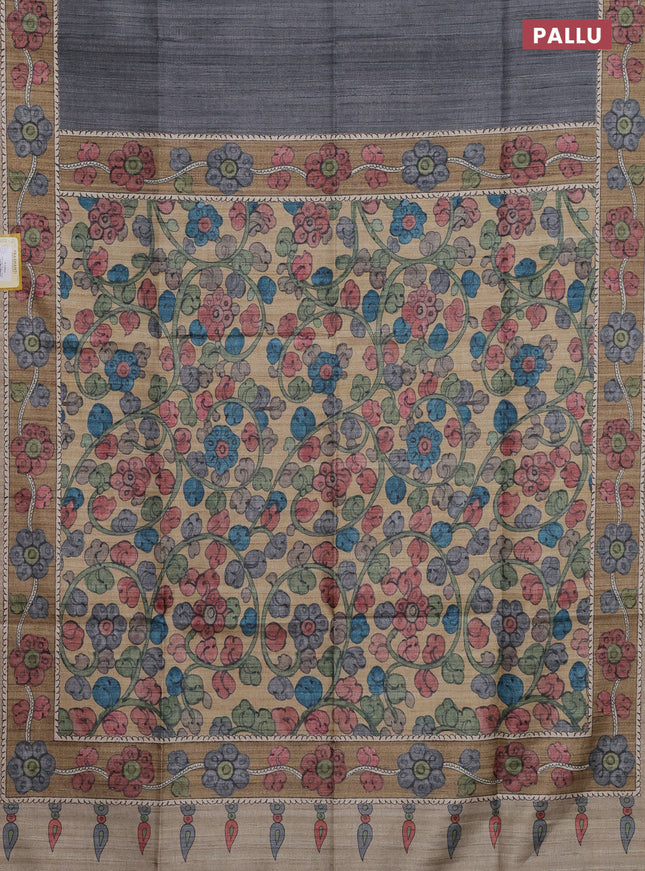 Semi tussar saree grey and beige with plain body and kalamkari printed pallu