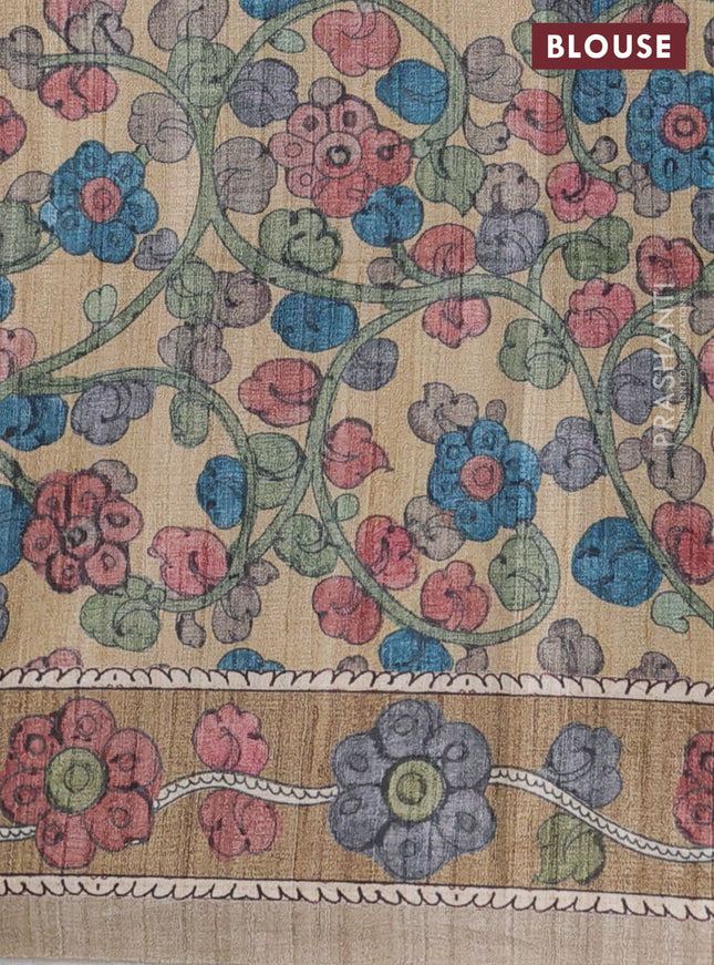 Semi tussar saree grey and beige with plain body and kalamkari printed pallu