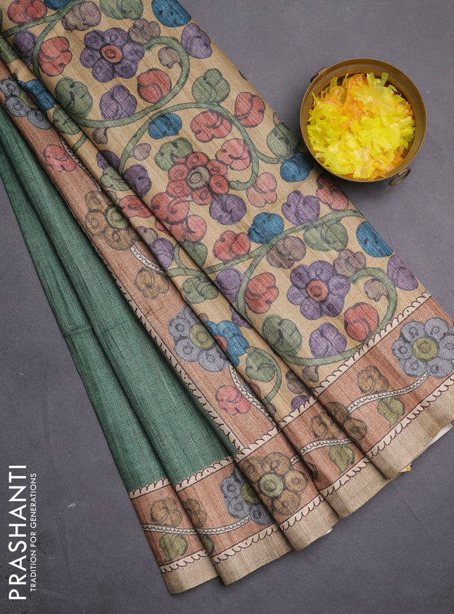 Semi tussar saree green and brown beige with plain body and kalamkari printed pallu