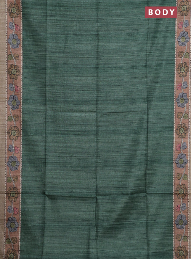 Semi tussar saree green and brown beige with plain body and kalamkari printed pallu