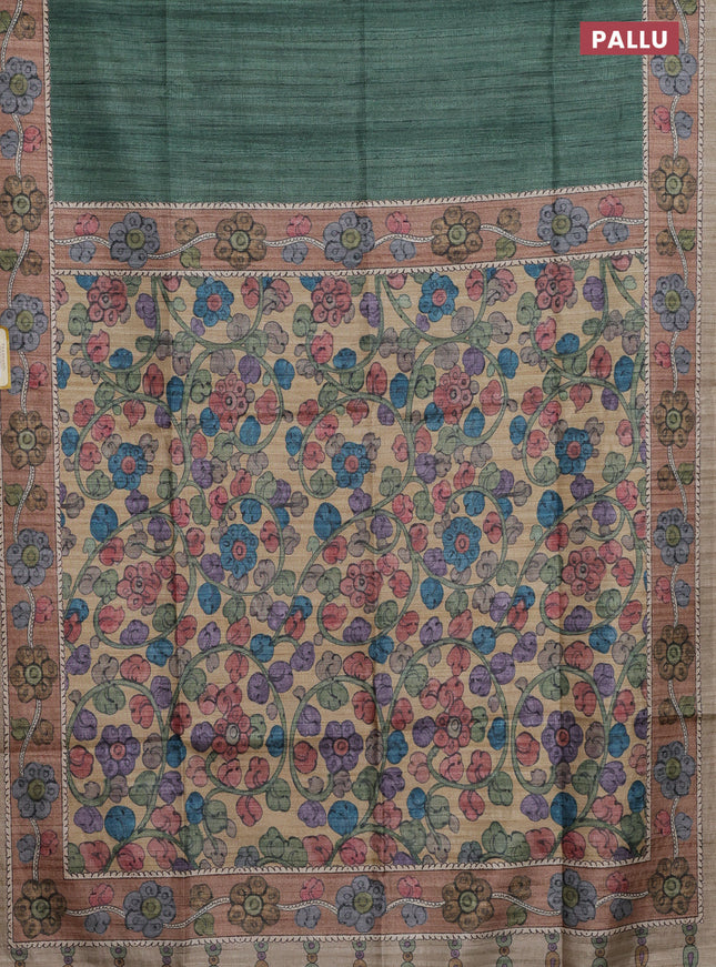 Semi tussar saree green and brown beige with plain body and kalamkari printed pallu