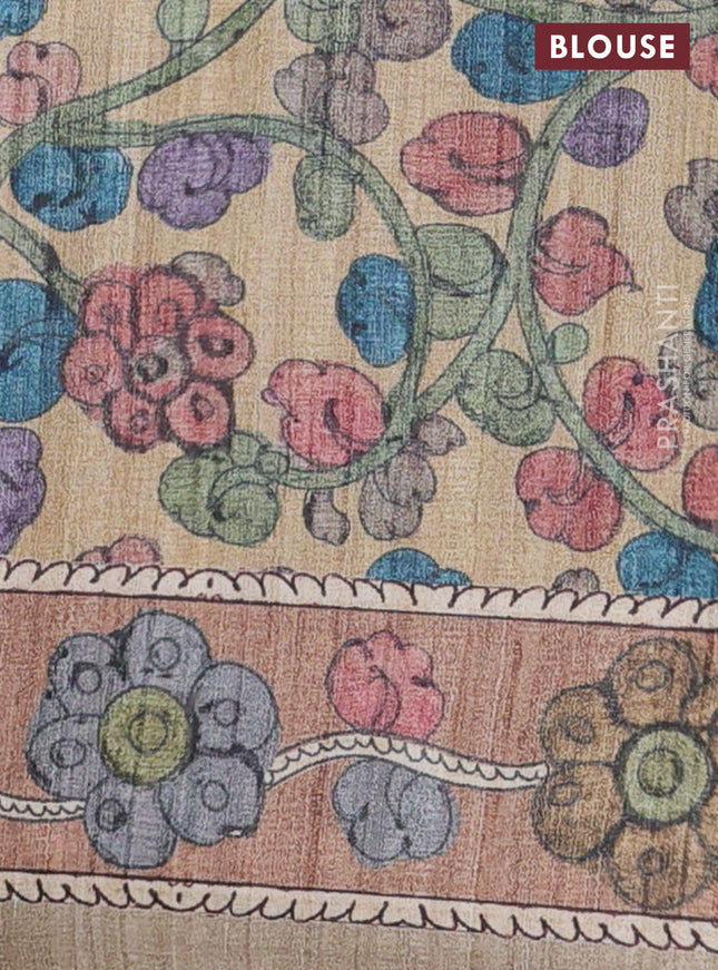 Semi tussar saree green and brown beige with plain body and kalamkari printed pallu