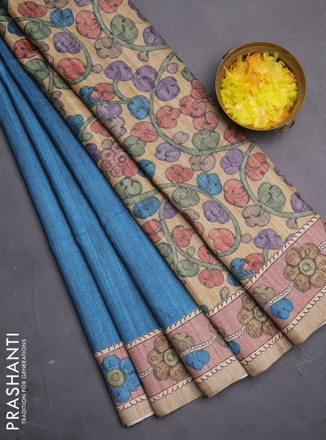 Semi tussar saree cs blue and brown beige with plain body and kalamkari printed pallu