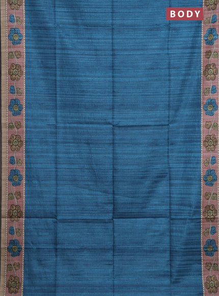 Semi tussar saree cs blue and brown beige with plain body and kalamkari printed pallu