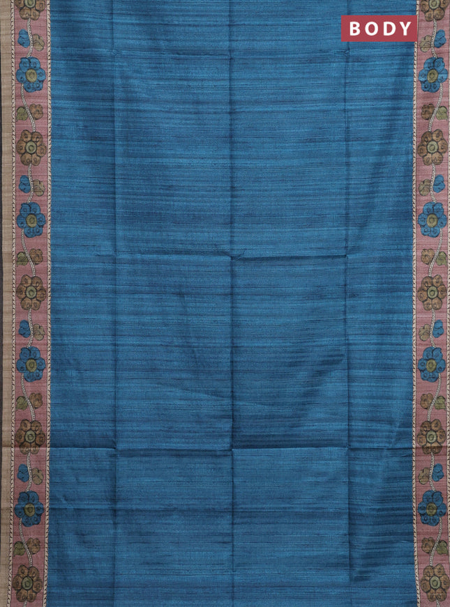 Semi tussar saree cs blue and brown beige with plain body and kalamkari printed pallu