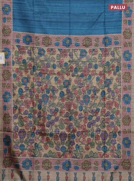 Semi tussar saree cs blue and brown beige with plain body and kalamkari printed pallu