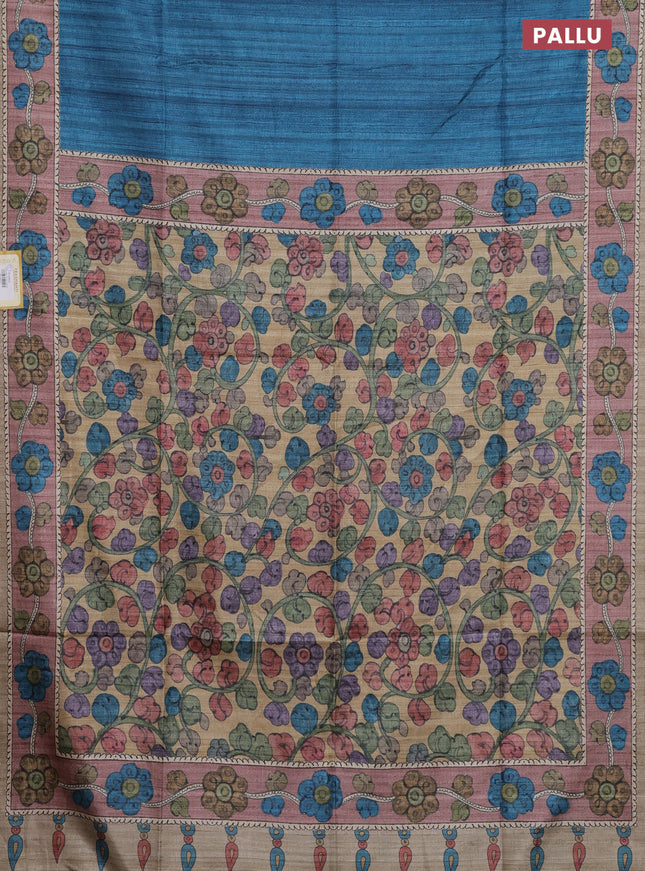 Semi tussar saree cs blue and brown beige with plain body and kalamkari printed pallu