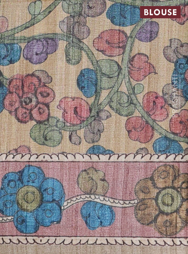 Semi tussar saree cs blue and brown beige with plain body and kalamkari printed pallu