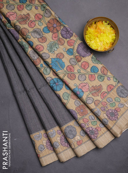 Semi tussar saree grey and beige with plain body and kalamkari printed pallu