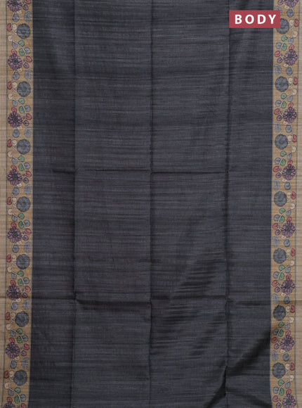 Semi tussar saree grey and beige with plain body and kalamkari printed pallu