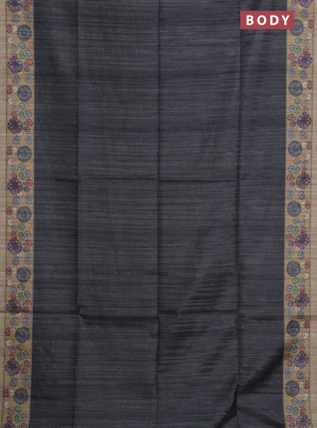 Semi tussar saree grey and beige with plain body and kalamkari printed pallu