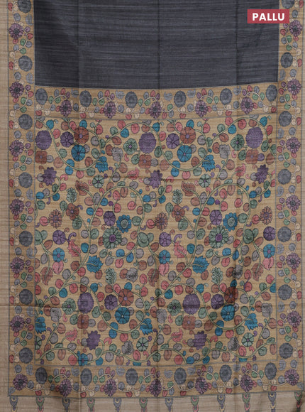 Semi tussar saree grey and beige with plain body and kalamkari printed pallu