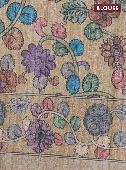 Semi tussar saree grey and beige with plain body and kalamkari printed pallu