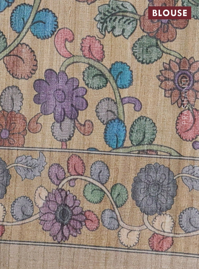 Semi tussar saree grey and beige with plain body and kalamkari printed pallu