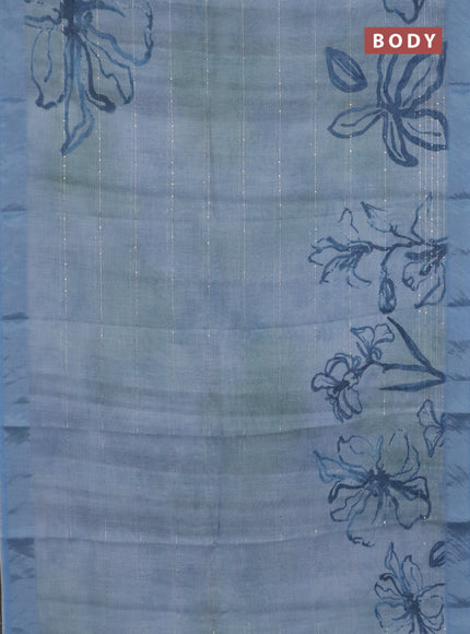 Linen cotton saree bluish grey with allover floral pirnts & sequin work and silver zari woven border