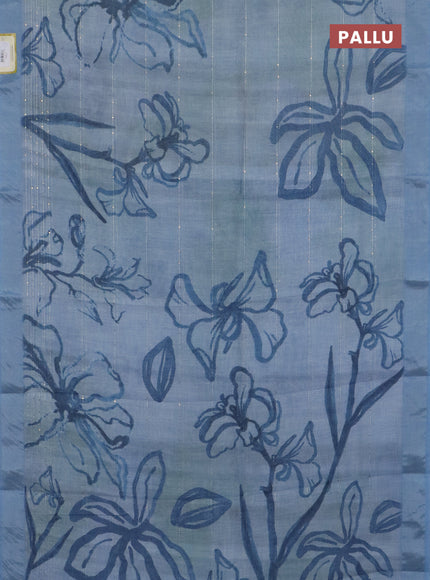 Linen cotton saree bluish grey with allover floral pirnts & sequin work and silver zari woven border