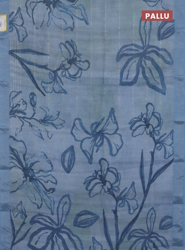Linen cotton saree bluish grey with allover floral pirnts & sequin work and silver zari woven border