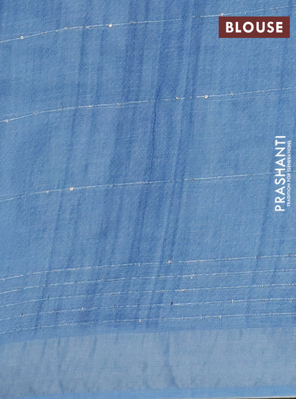 Linen cotton saree bluish grey with allover floral pirnts & sequin work and silver zari woven border