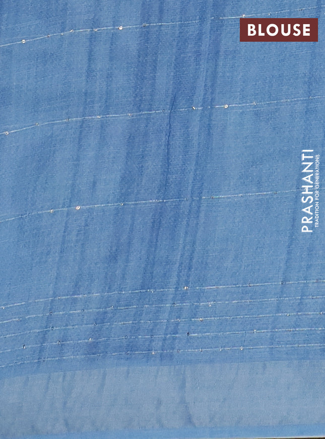 Linen cotton saree bluish grey with allover floral pirnts & sequin work and silver zari woven border