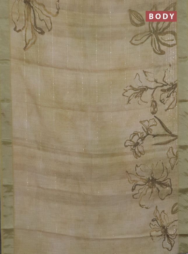 Linen cotton saree sandal and elaichi green with allover floral pirnts & sequin work and silver zari woven border