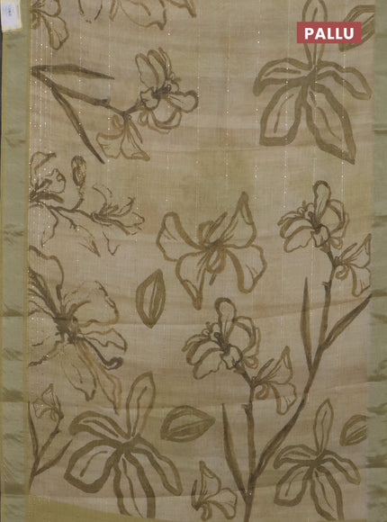 Linen cotton saree sandal and elaichi green with allover floral pirnts & sequin work and silver zari woven border