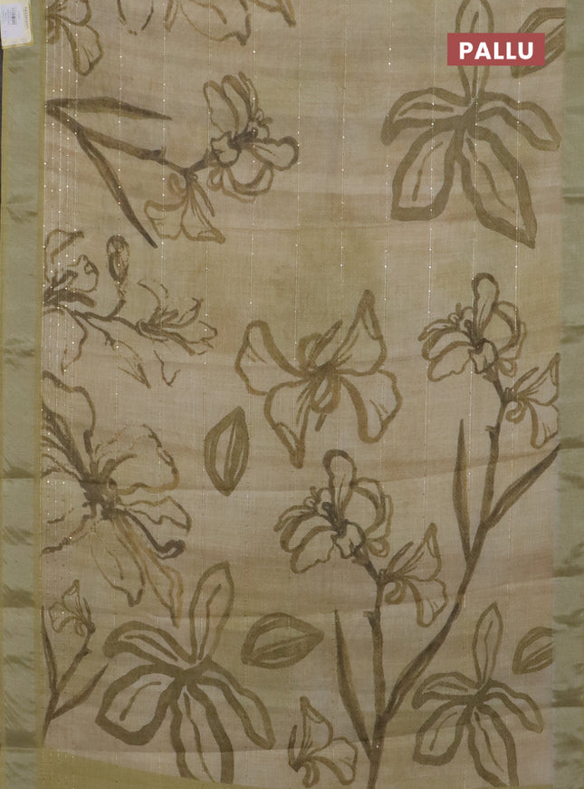 Linen cotton saree sandal and elaichi green with allover floral pirnts & sequin work and silver zari woven border