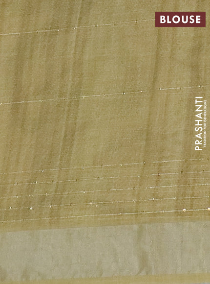 Linen cotton saree sandal and elaichi green with allover floral pirnts & sequin work and silver zari woven border