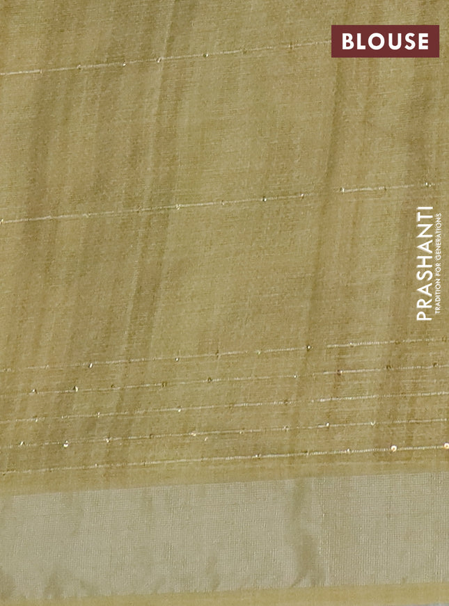 Linen cotton saree sandal and elaichi green with allover floral pirnts & sequin work and silver zari woven border