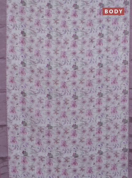 Linen cotton saree off white and pastel pink with allover floral pirnts & sequin work and silver zari woven border