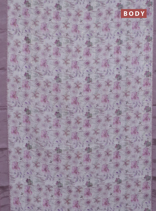 Linen cotton saree off white and pastel pink with allover floral pirnts & sequin work and silver zari woven border