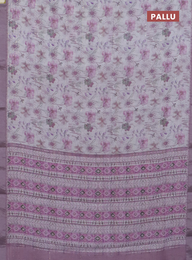 Linen cotton saree off white and pastel pink with allover floral pirnts & sequin work and silver zari woven border