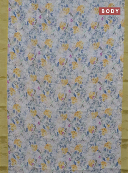Linen cotton saree off white and yellow with allover floral prints & sequin work and silver zari woven border