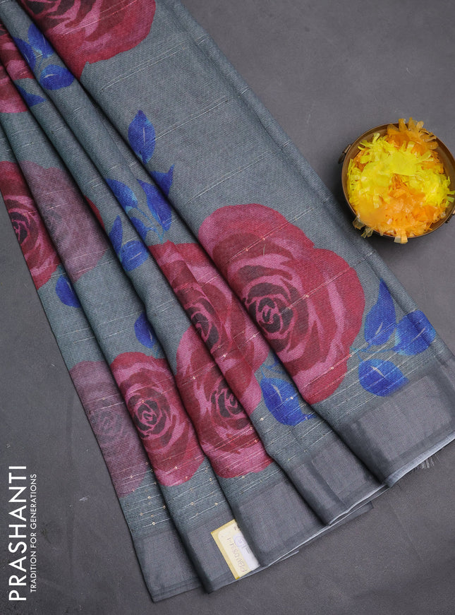 Linen cotton saree grey with allover floral prints & sequin work and silver zari woven border