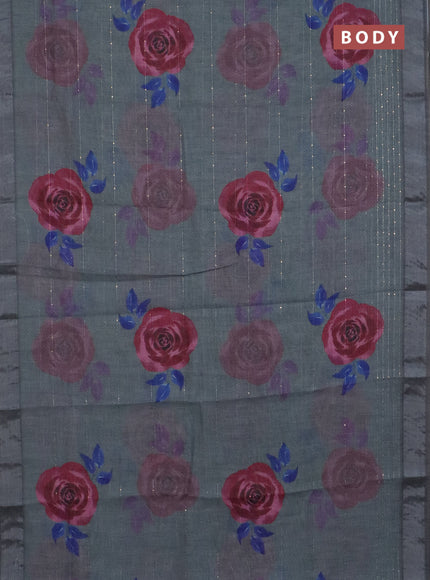 Linen cotton saree grey with allover floral prints & sequin work and silver zari woven border