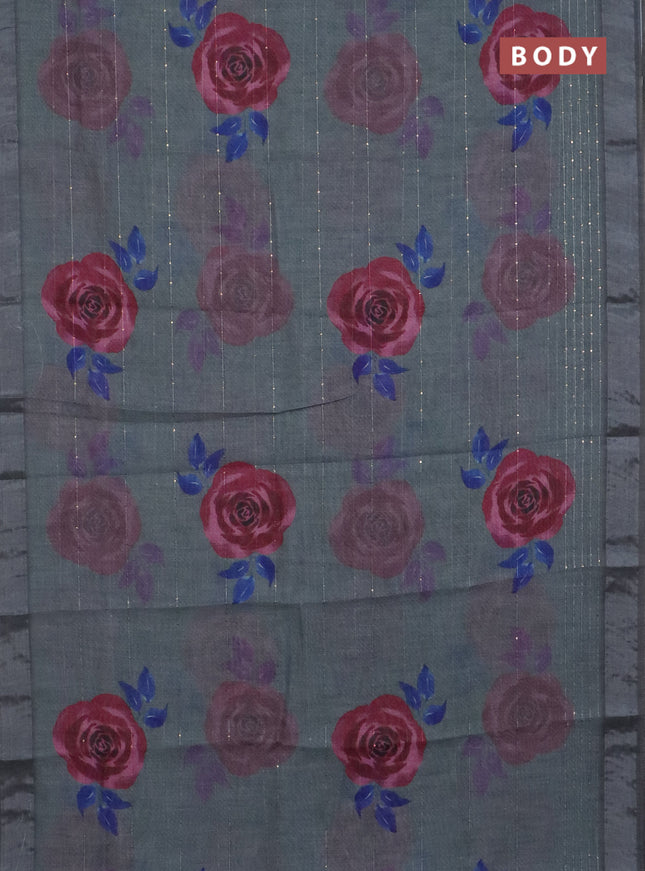 Linen cotton saree grey with allover floral prints & sequin work and silver zari woven border