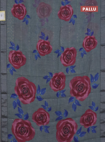 Linen cotton saree grey with allover floral prints & sequin work and silver zari woven border