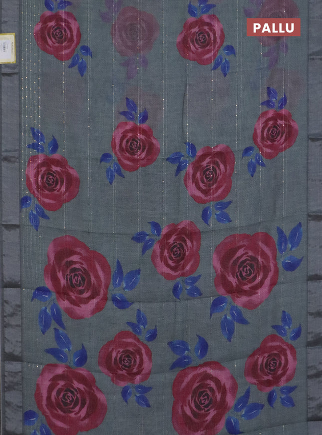 Linen cotton saree grey with allover floral prints & sequin work and silver zari woven border