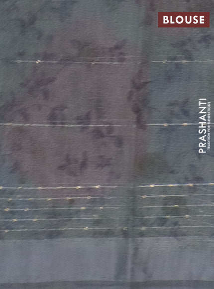 Linen cotton saree grey with allover floral prints & sequin work and silver zari woven border