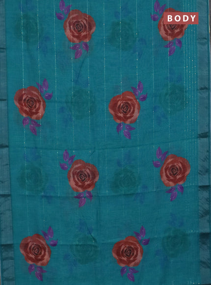 Linen cotton saree teal green with allover floral prints & sequin work and silver zari woven border