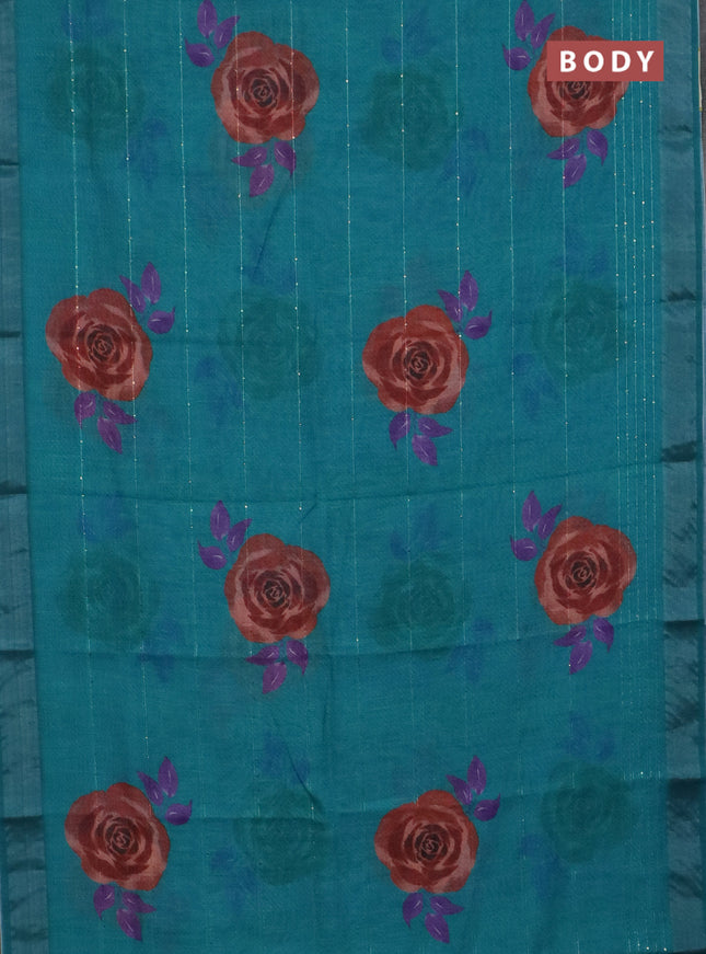 Linen cotton saree teal green with allover floral prints & sequin work and silver zari woven border