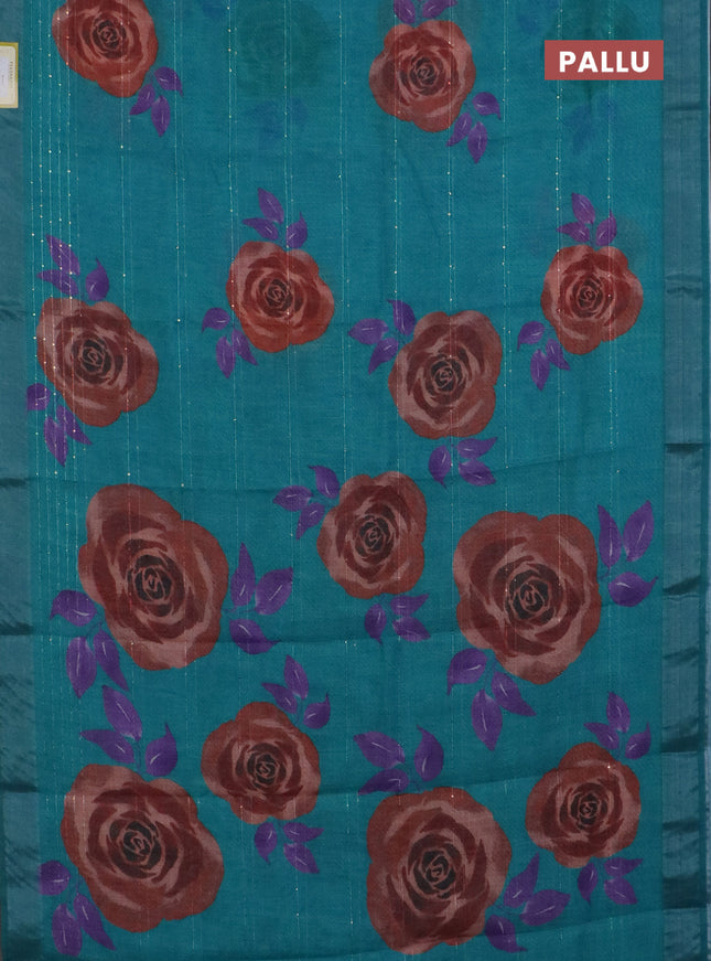 Linen cotton saree teal green with allover floral prints & sequin work and silver zari woven border