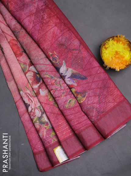 Linen cotton saree peach pink and maroon with allover floral prints & sequin work and silver zari woven border