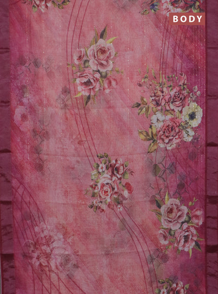 Linen cotton saree peach pink and maroon with allover floral prints & sequin work and silver zari woven border